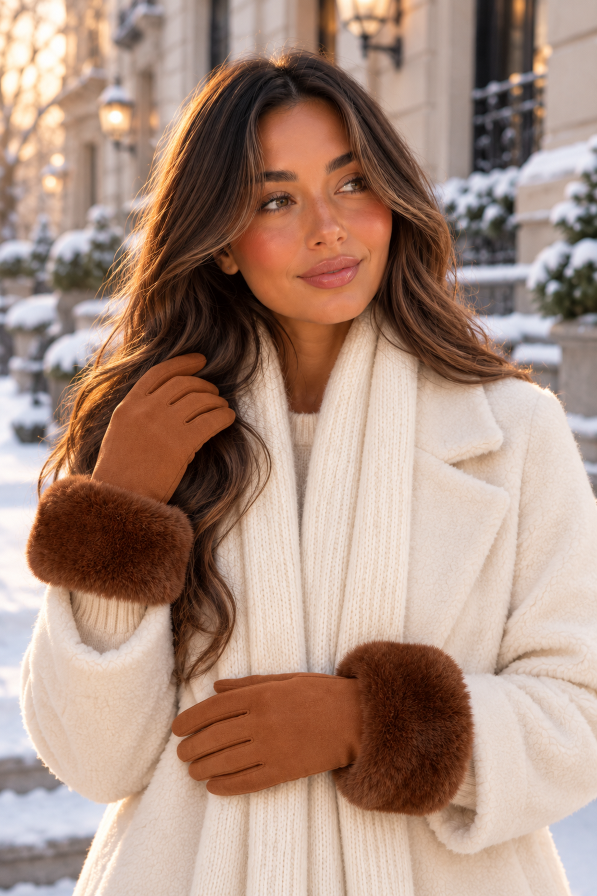A woman wearing a cream-colored knit coat with brown faux-fur trimmed cuffs, standing outdoors in a snowy urban setting.