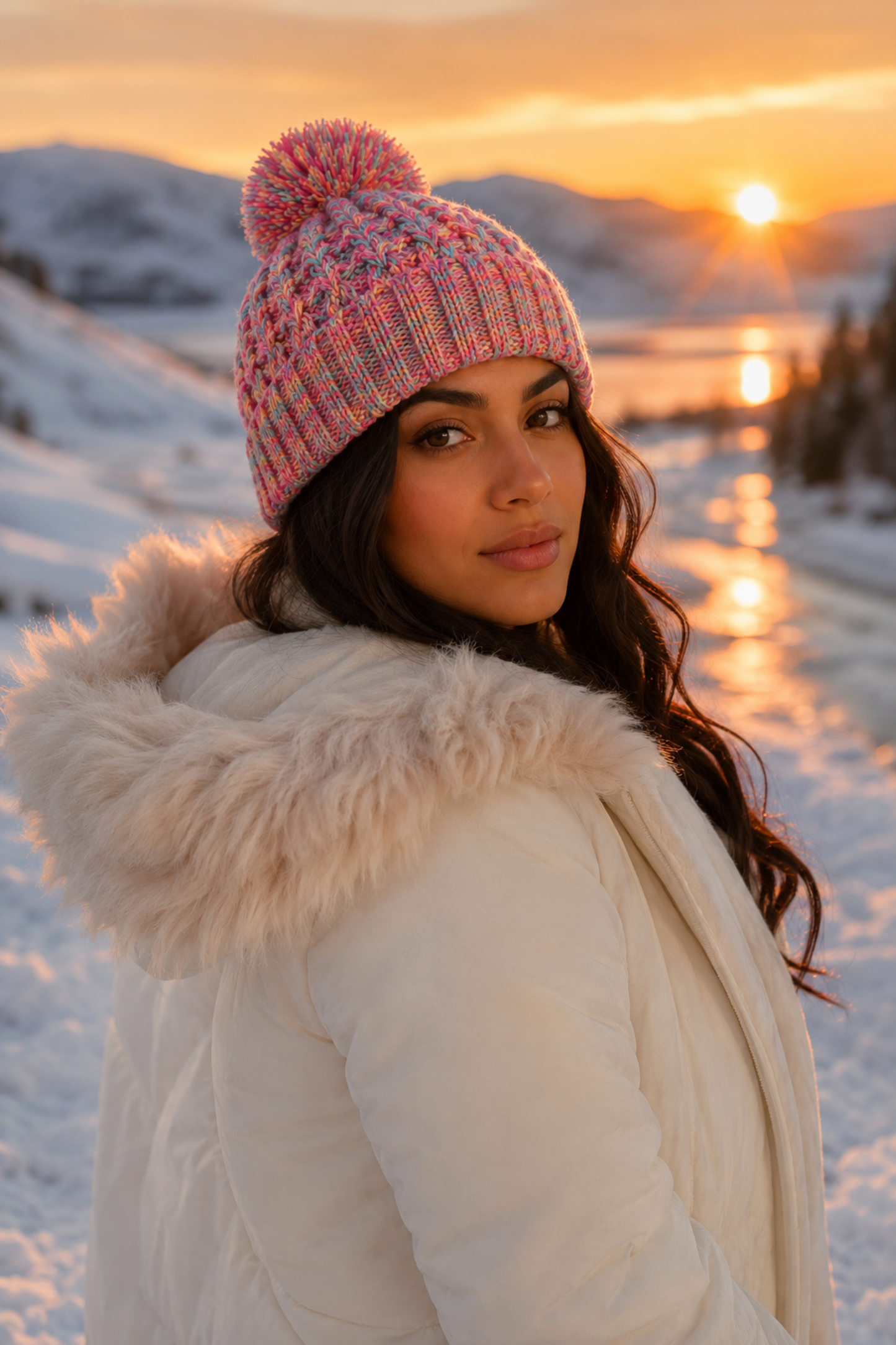 Woman in a snowy landscape wearing a pink knit hat and white coat at sunset.