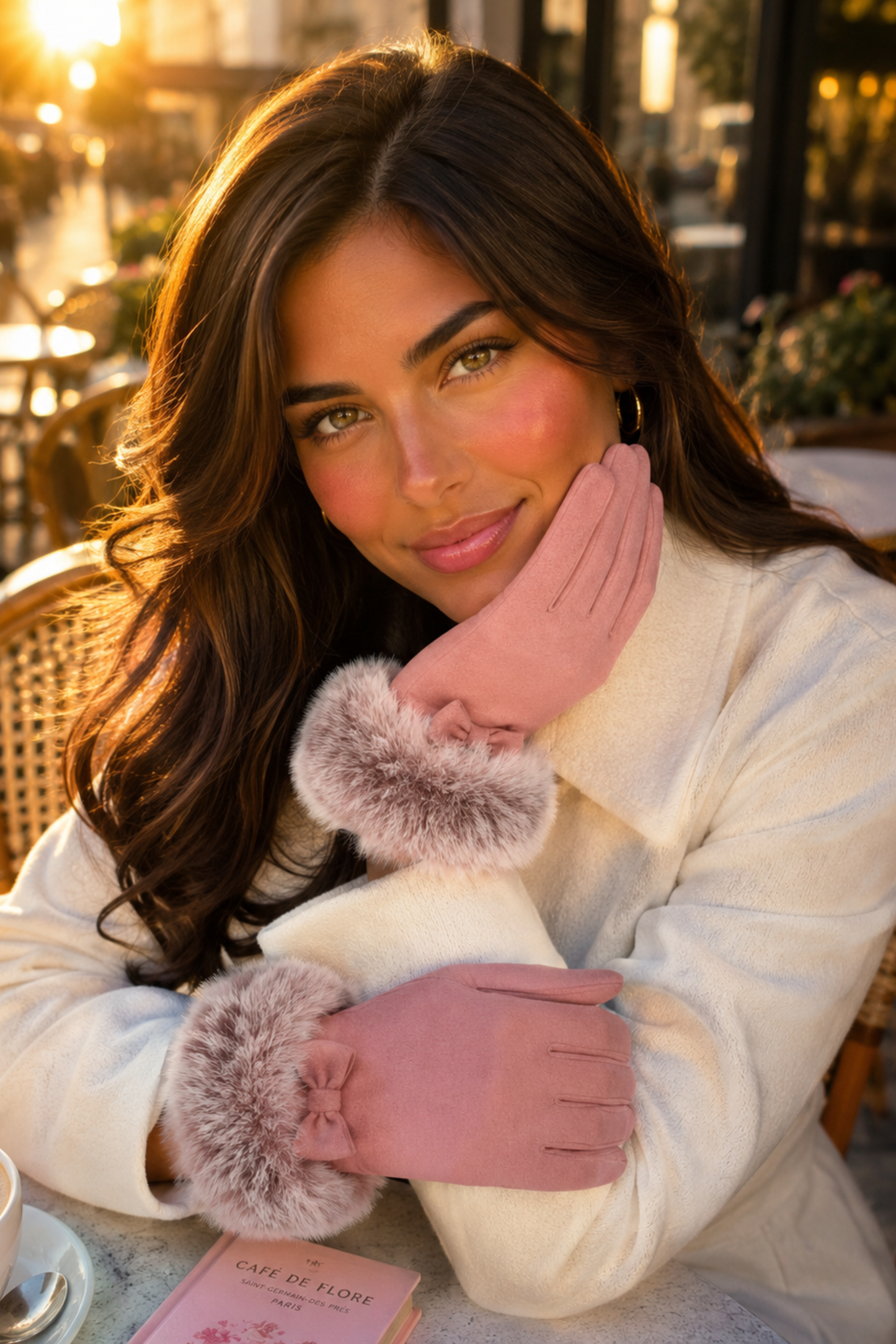 Woman in a white coat with fur cuffs sitting at an outdoor cafe.