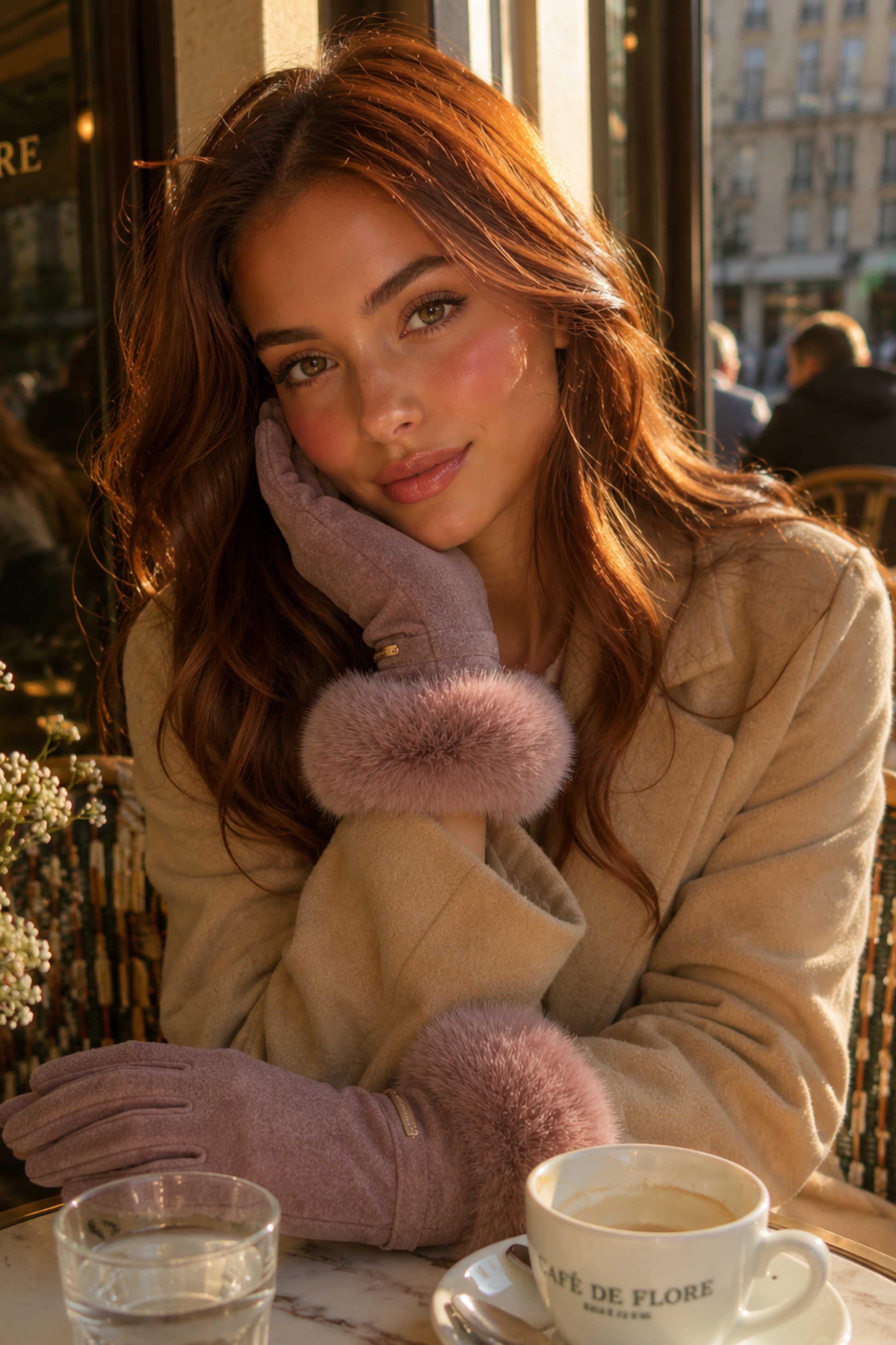 Woman sitting at a cafe table with a cup of coffee, wearing pink gloves.