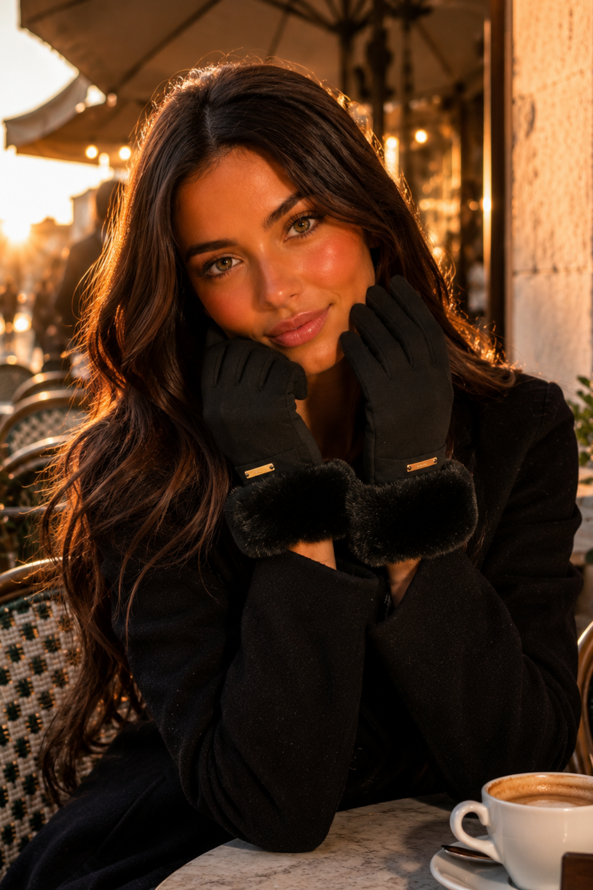 Woman sitting at an outdoor cafe table with a cup of coffee, wearing black gloves.