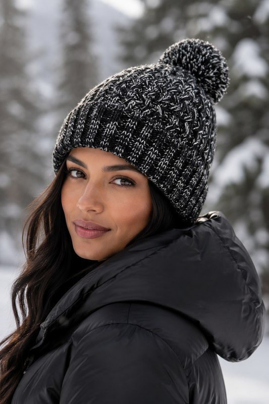 Woman wearing a black knit beanie with a pom-pom in a snowy forest setting