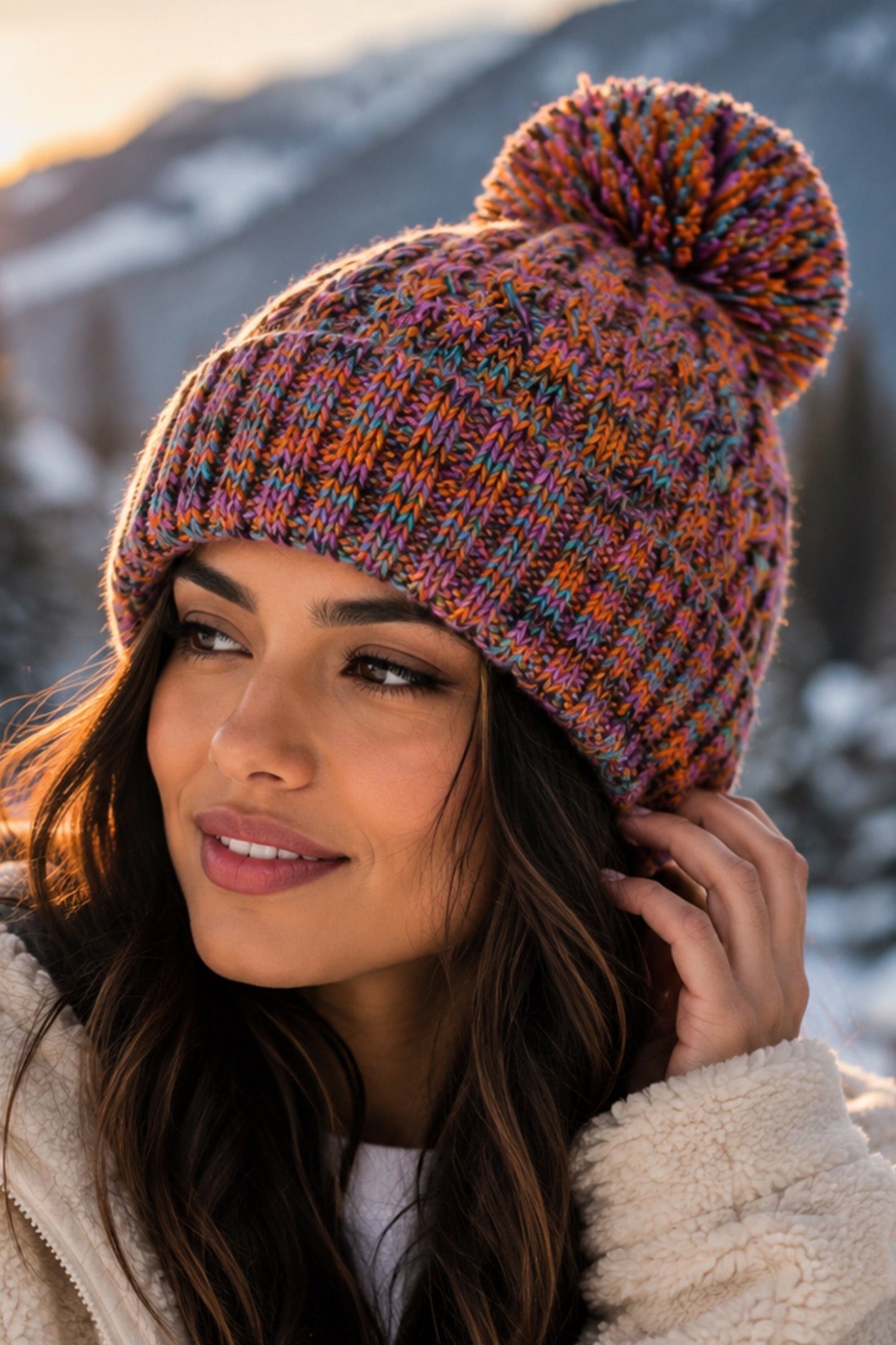 Woman wearing a colorful knit beanie and beige coat in a snowy mountain setting