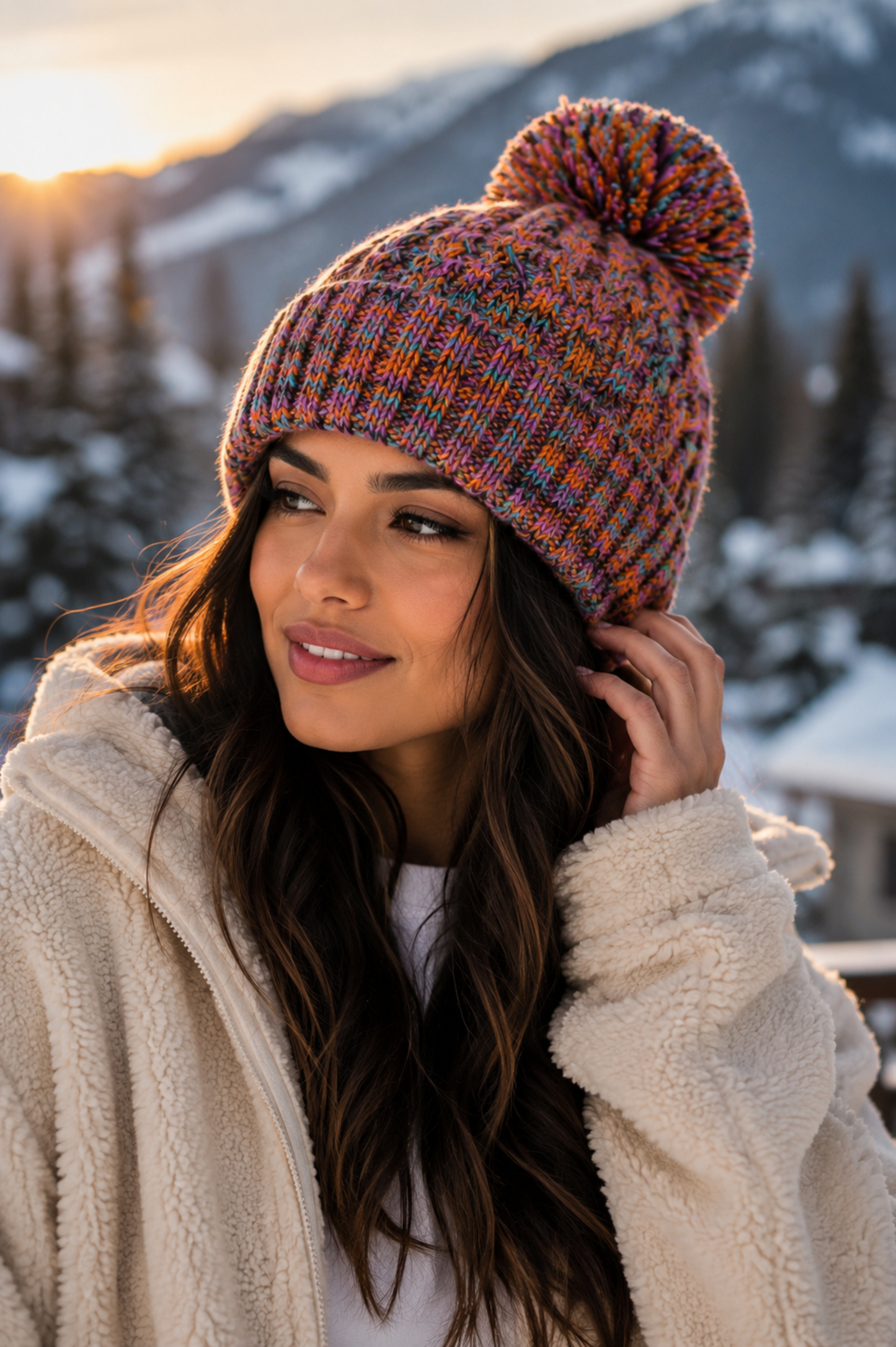 Woman wearing a colorful knit beanie and light coat in a snowy mountain setting