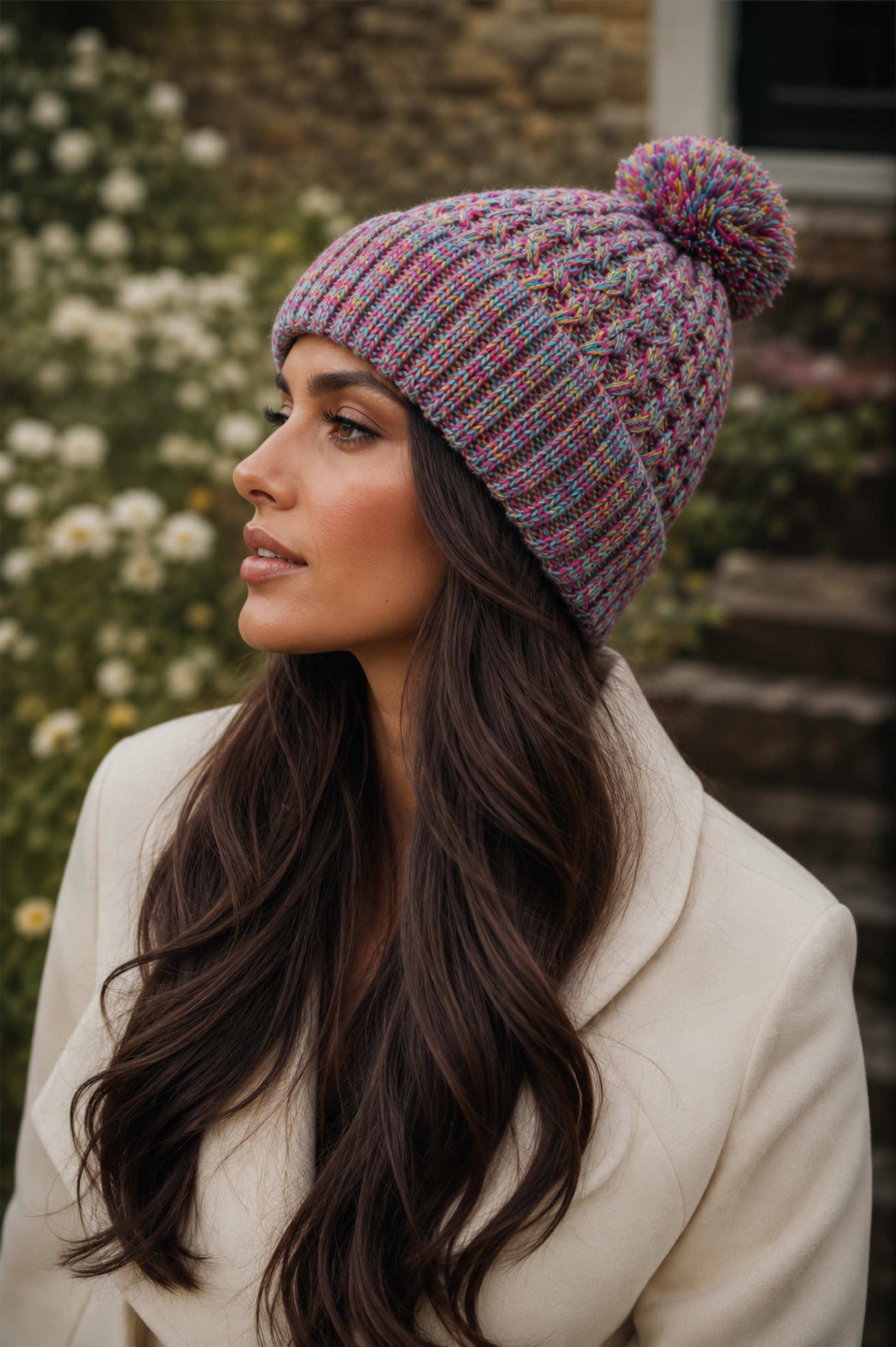 Woman wearing a colorful knitted beanie and beige coat outdoors.