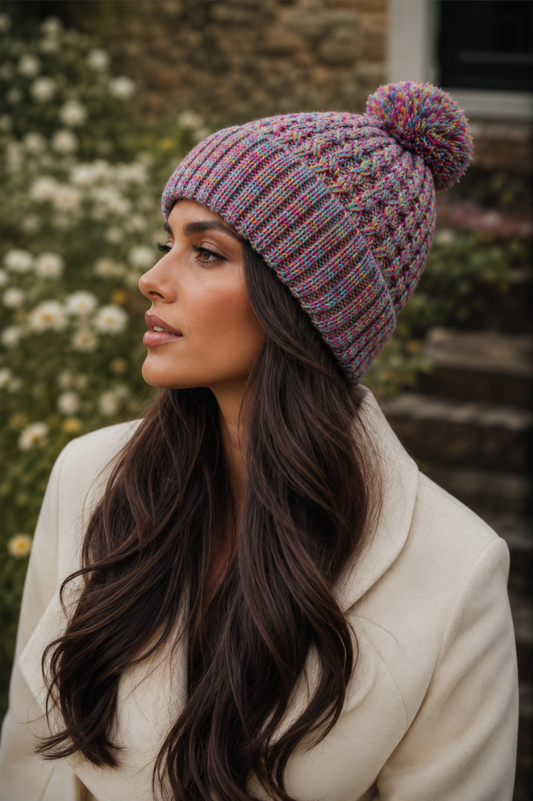 Woman wearing a colorful knitted beanie and beige coat outdoors.