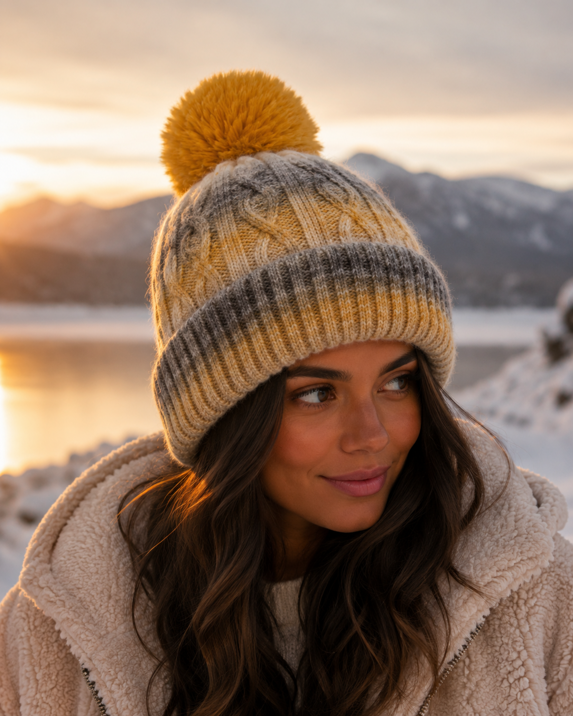 Woman wearing a knitted beanie with a pom-pom in a snowy landscape at sunset.