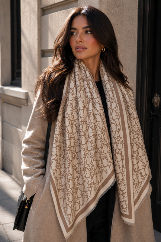 Woman wearing a patterned scarf and coat in an urban setting