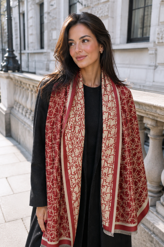 Woman wearing a red and beige patterned scarf in an urban setting