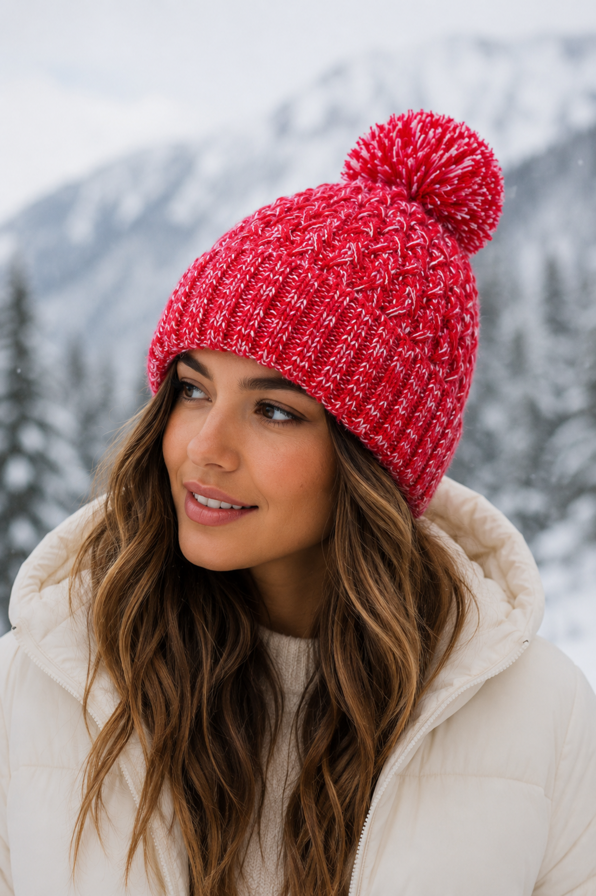 Woman wearing a red knitted beanie with a pom-pom in a snowy landscape