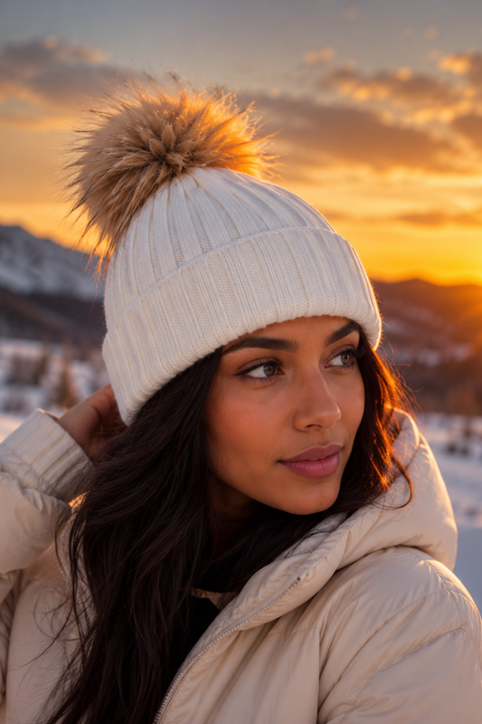 Woman wearing a white knit hat with a pom-pom in a snowy landscape at sunset.