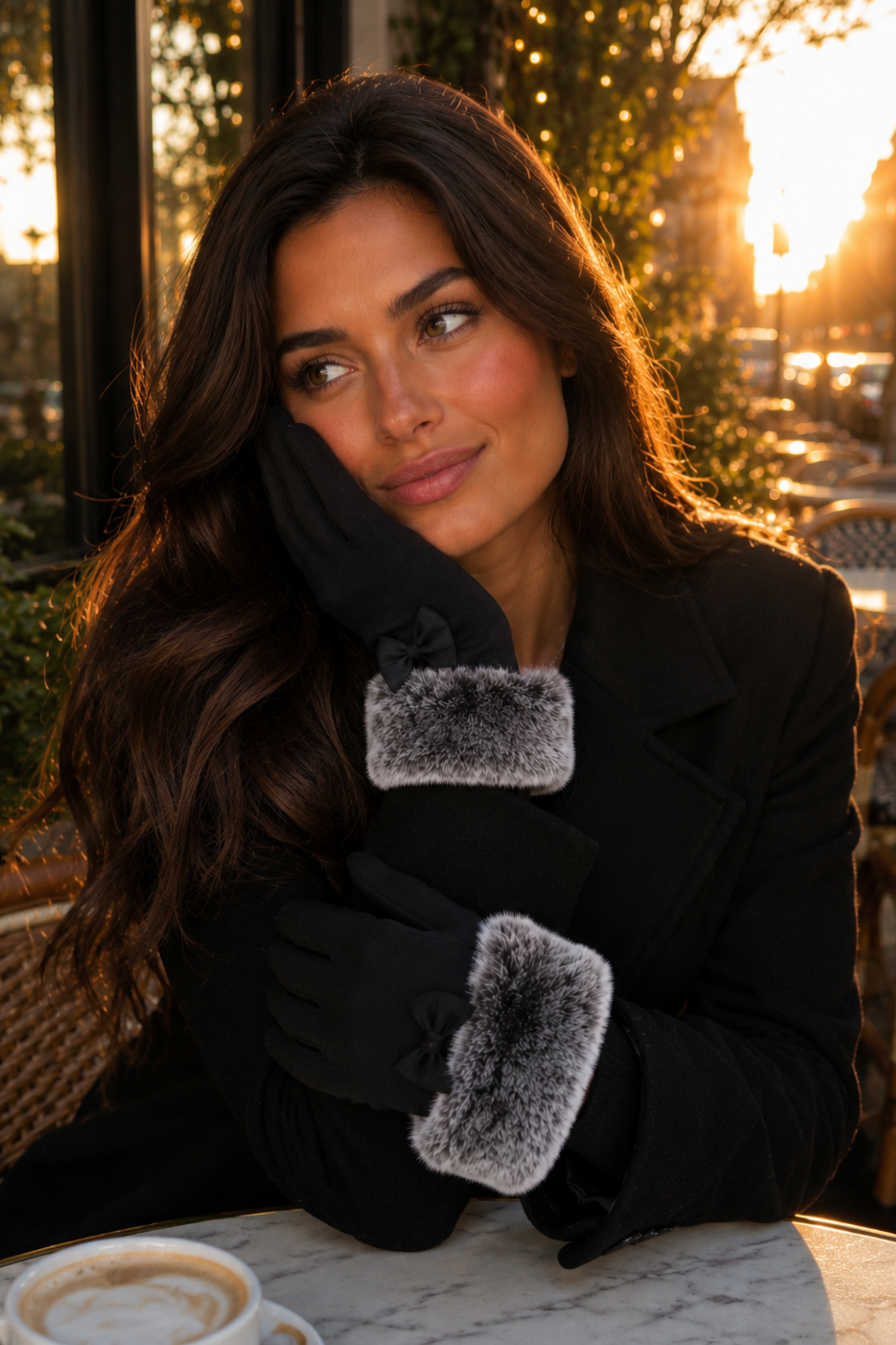 Woman wearing black gloves with fur cuffs sitting at an outdoor cafe table during sunset.