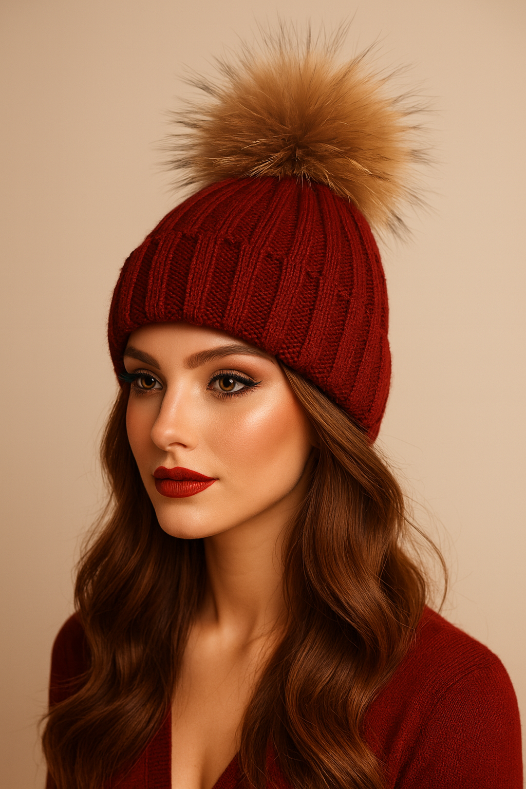 Fluffy Cable Knit Pom Pom Hat in Burgundy