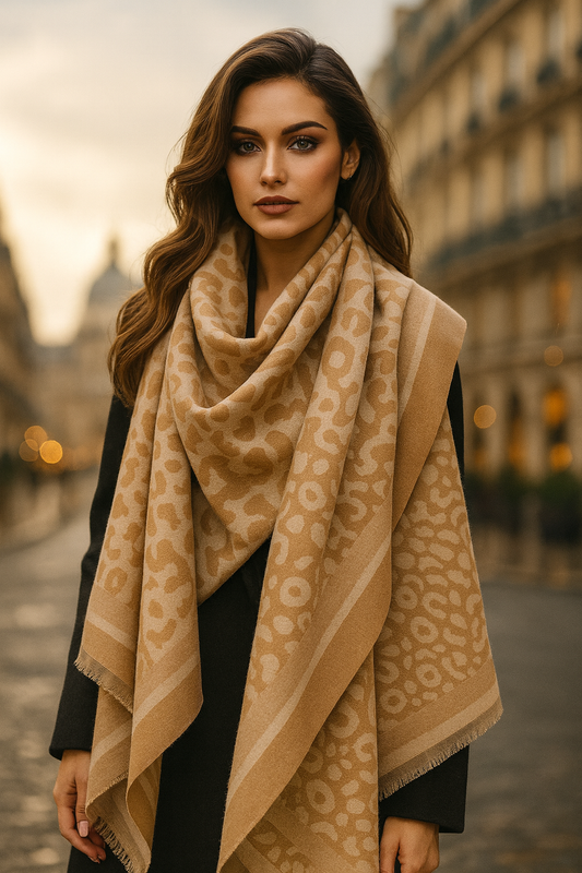 Woman wearing a beige patterned scarf in an urban setting