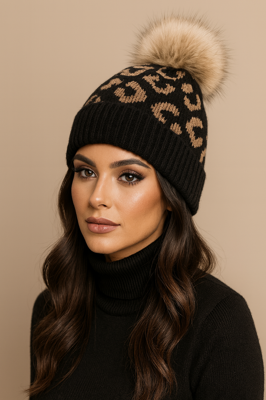 Leopard Knit Pom Pom Hat in Black
