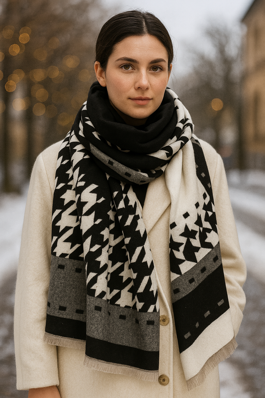 Houndstooth Print Wrap Scarf Shawl in Black