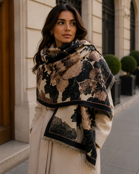 Woman wearing a patterned scarf in an urban setting