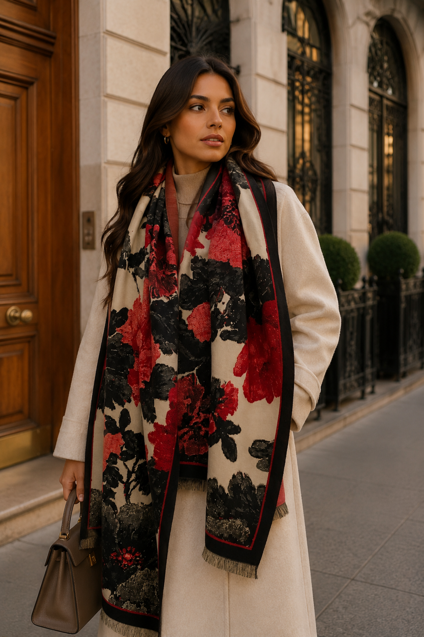 Woman wearing a floral scarf in an urban setting
