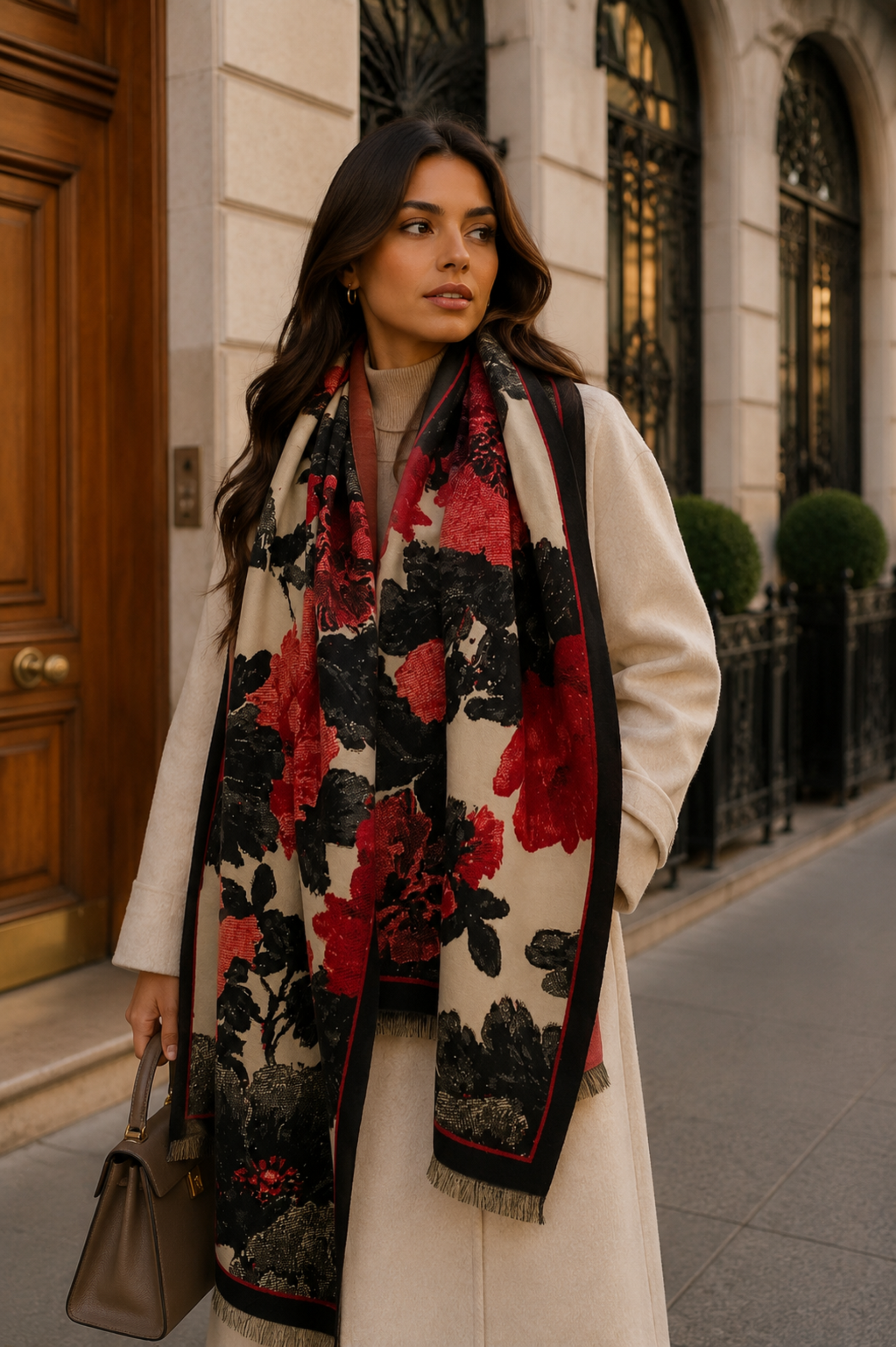 Woman wearing a floral scarf in an urban setting