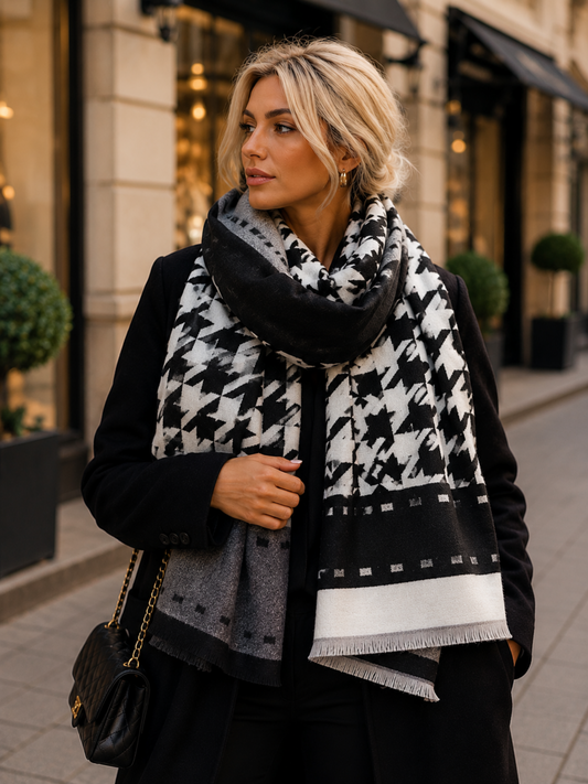 Woman wearing a black and white patterned scarf in an urban setting