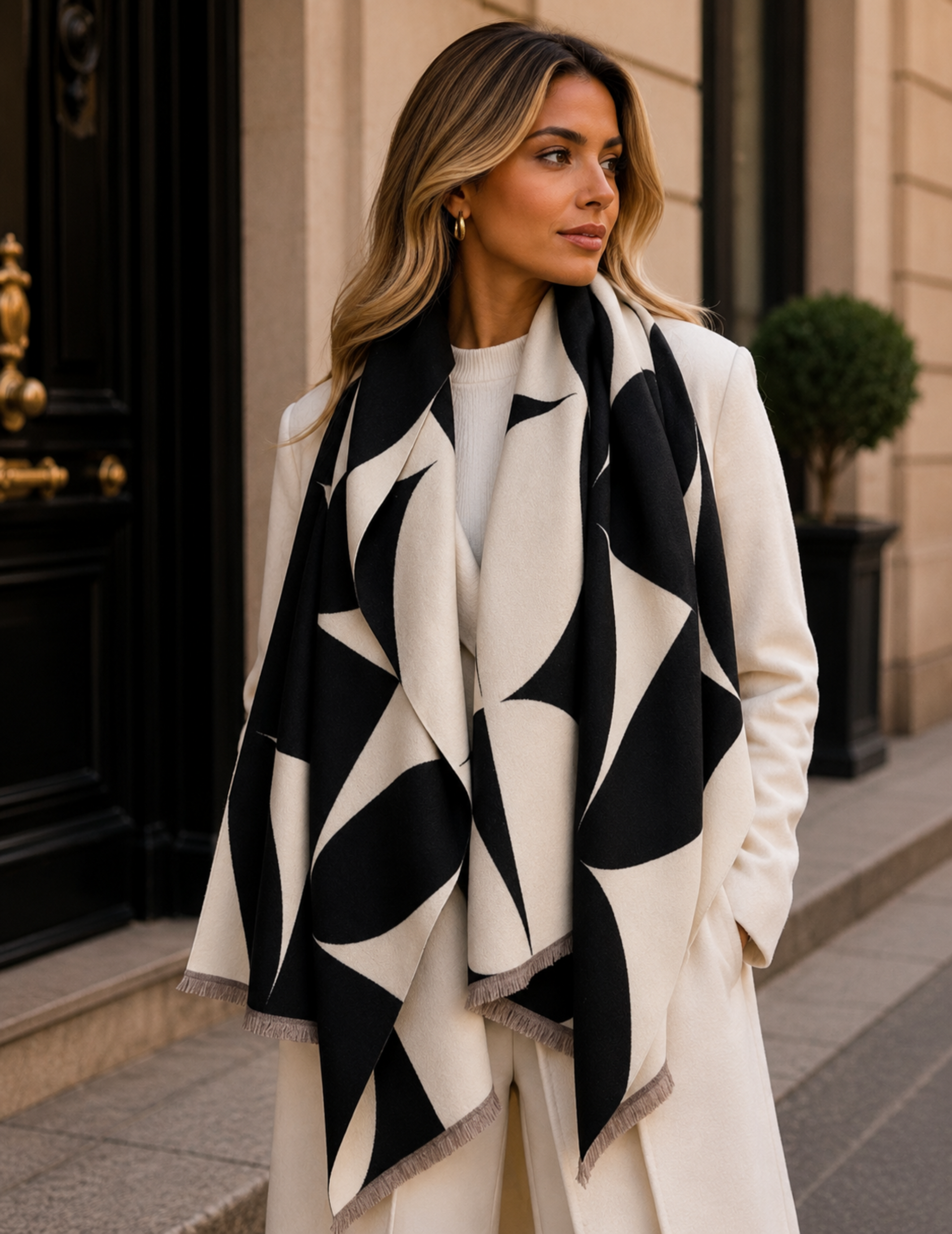 Woman wearing a black and white patterned scarf in an urban setting