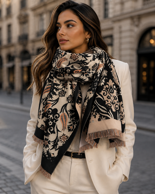 Woman wearing a patterned scarf in an urban setting