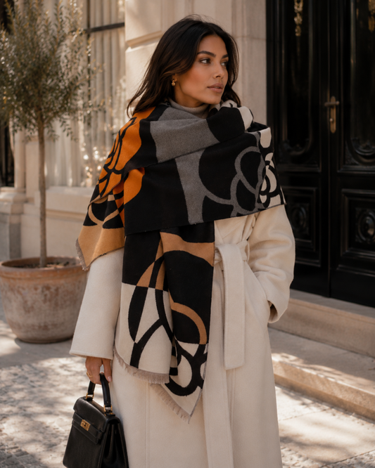 Woman wearing a patterned scarf outdoors