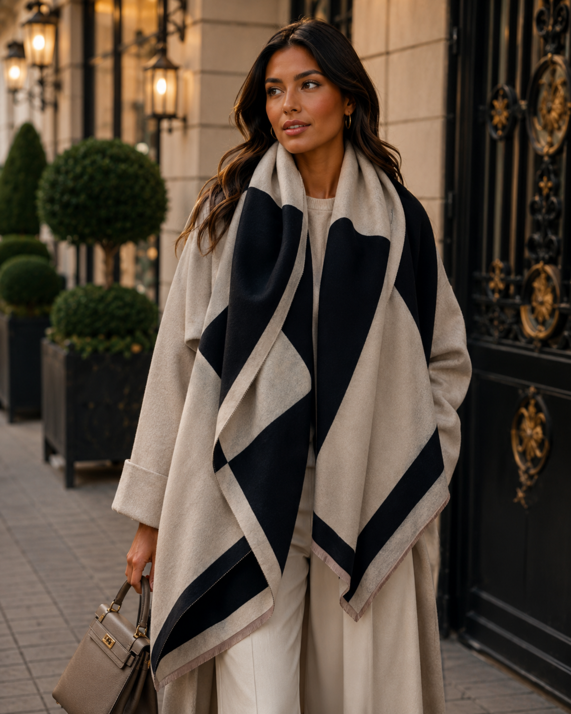 Woman wearing a beige coat with a black and white patterned scarf, standing in front of an ornate door.