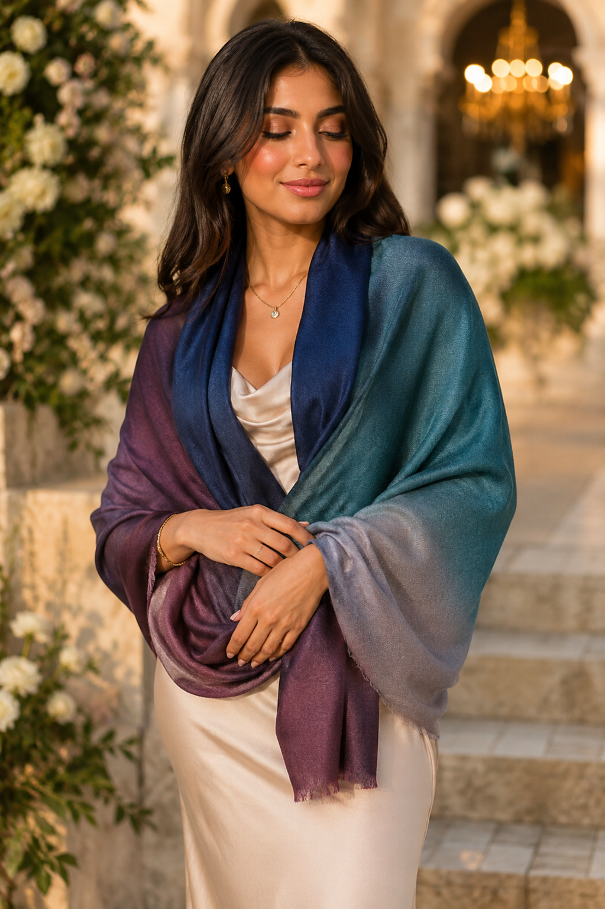 A woman wearing a draped shawl with a smooth gradient transition from deep navy blue to purple and teal, styled over a cream satin dress in an elegant outdoor setting.