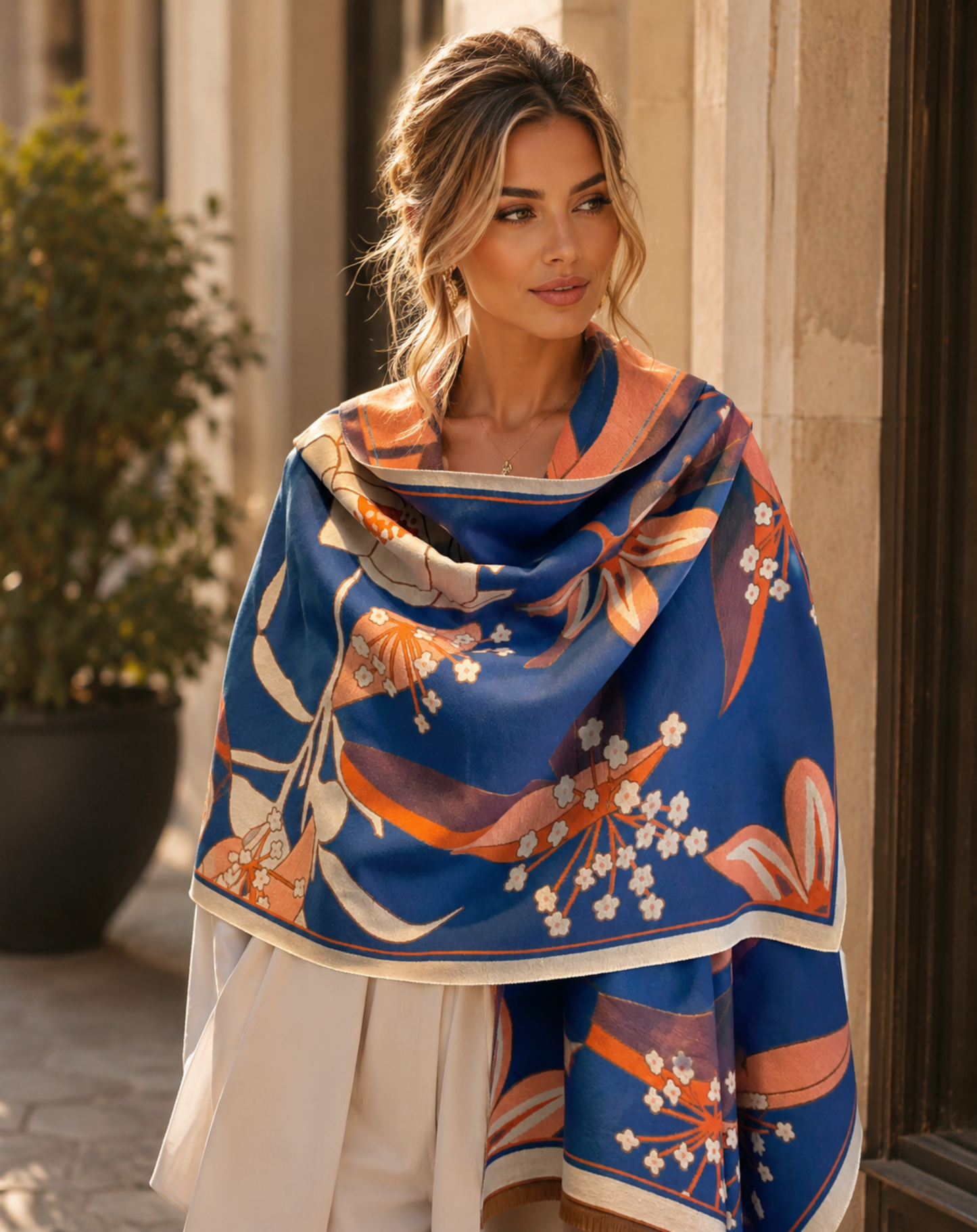 Woman wearing a colorful floral scarf in an outdoor setting