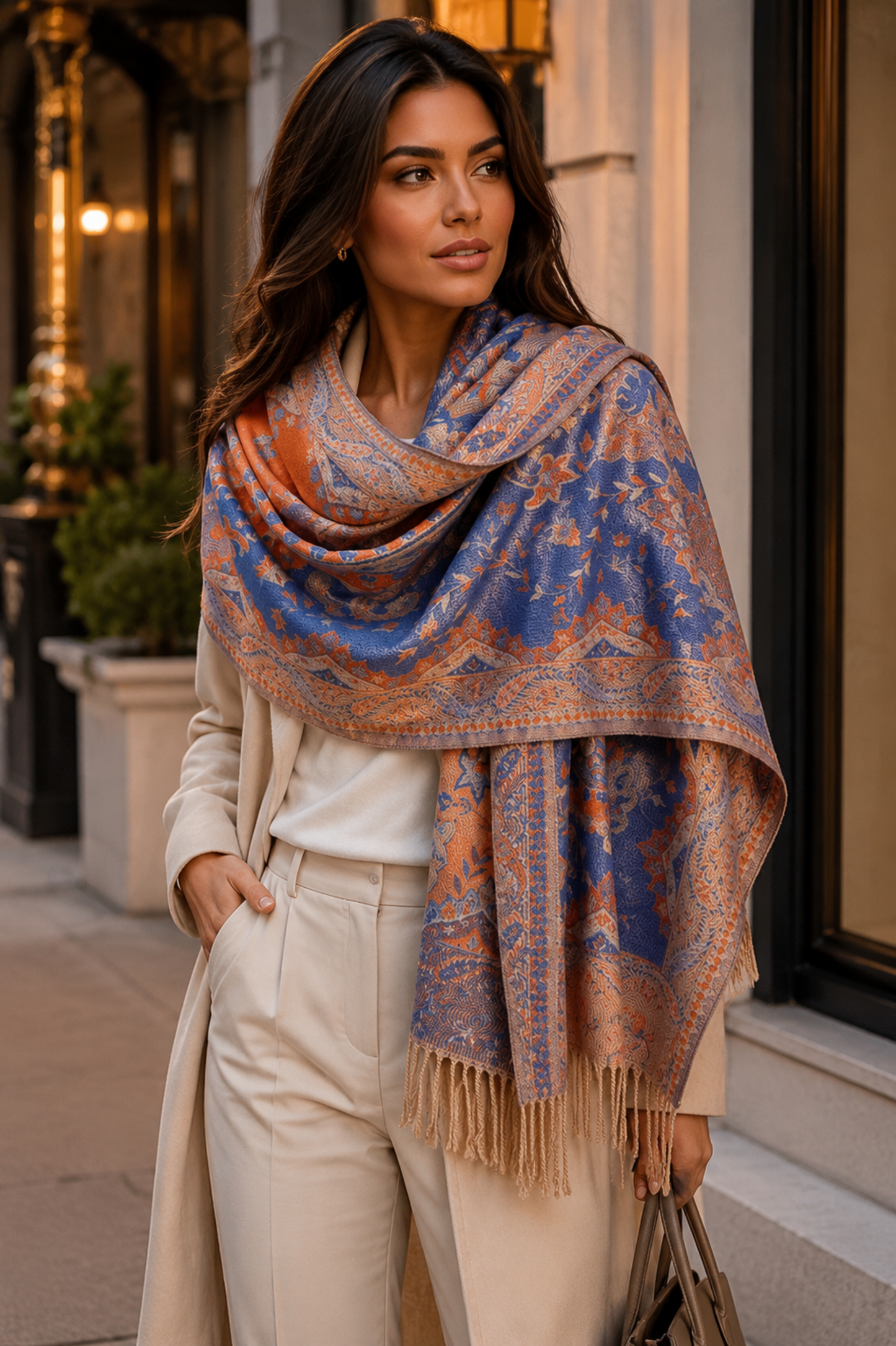 Woman wearing a patterned scarf outdoors