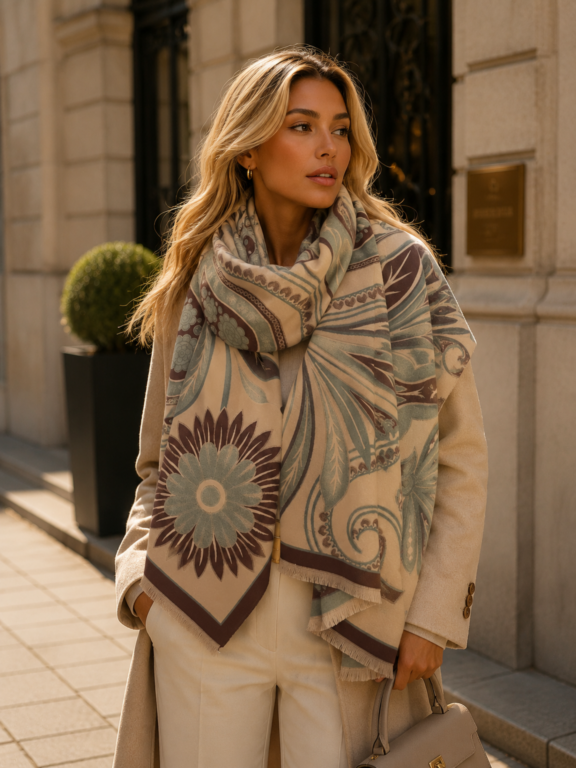 Woman wearing a patterned scarf and coat on a city street.