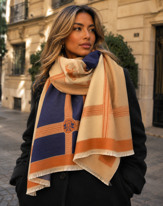 Woman wearing a patterned scarf in an urban setting
