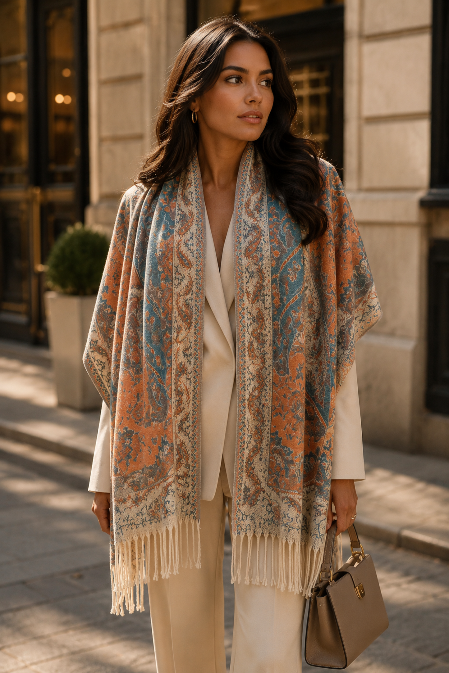 Woman wearing a patterned scarf and beige outfit on a city street.