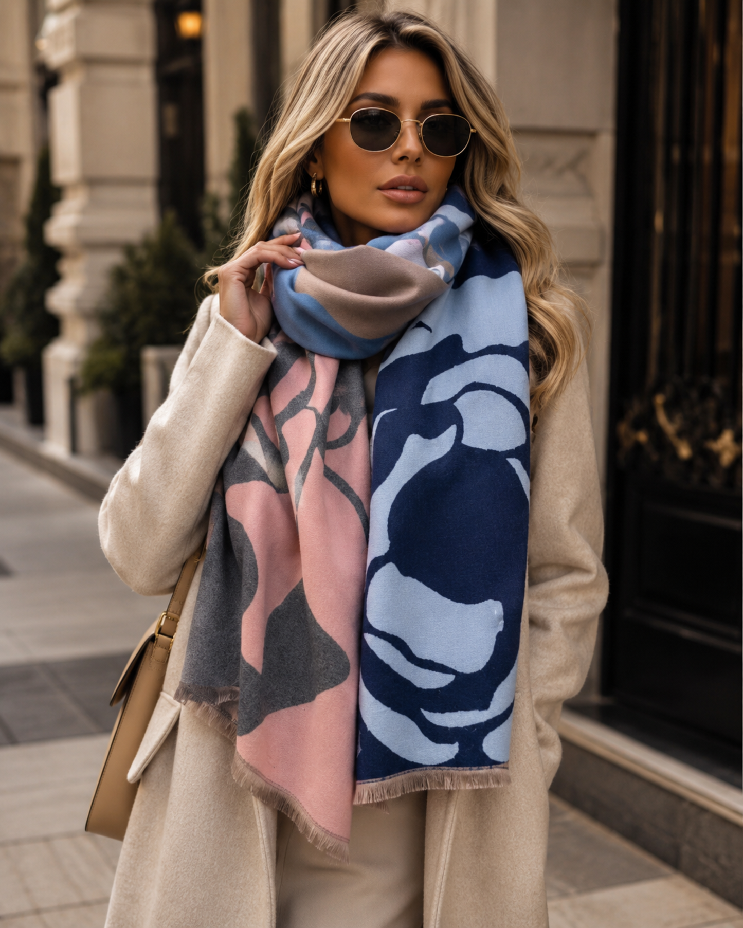 Woman wearing a patterned scarf outdoors in an urban setting
