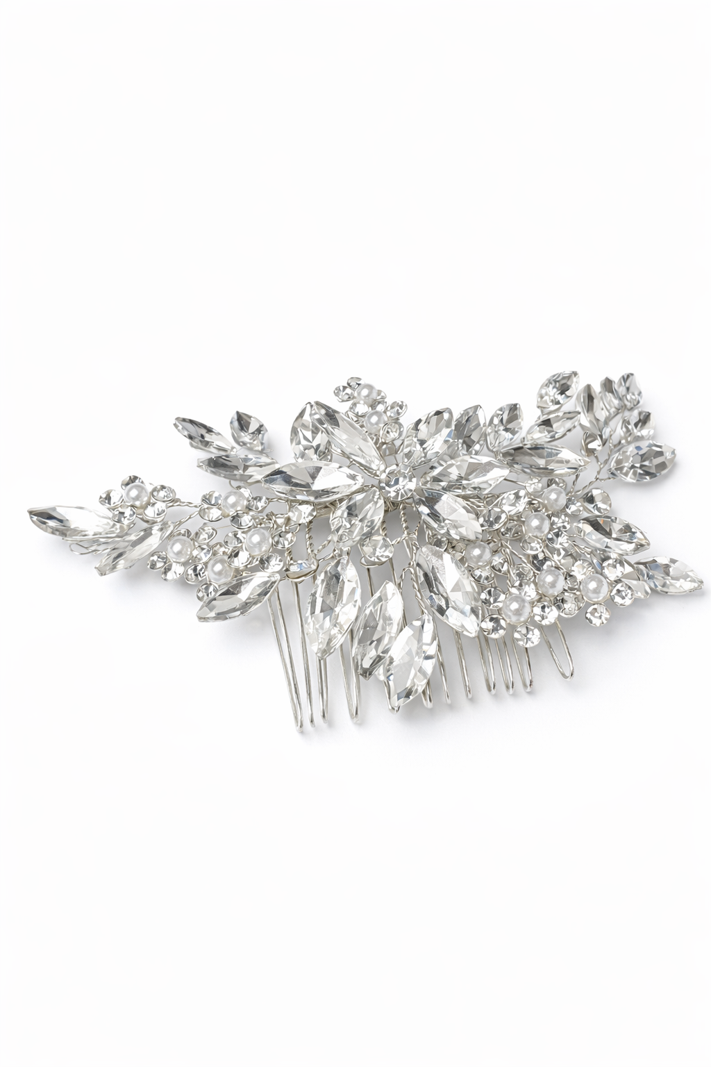Silver hair comb with crystal leaves on a white background
