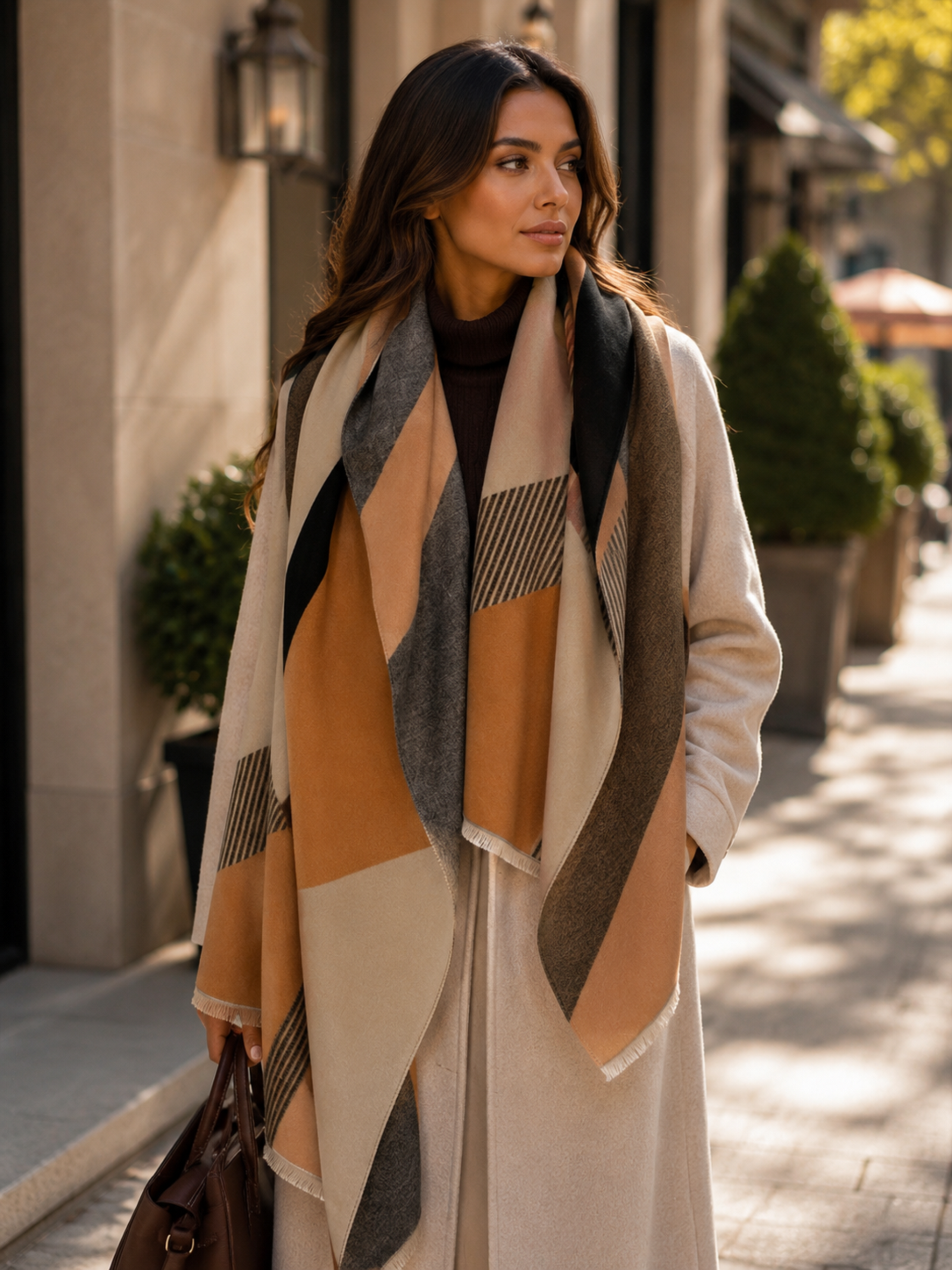 Woman wearing a patterned scarf on a city street