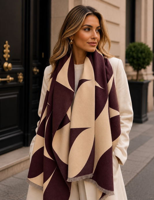 Woman wearing a patterned scarf in an urban setting