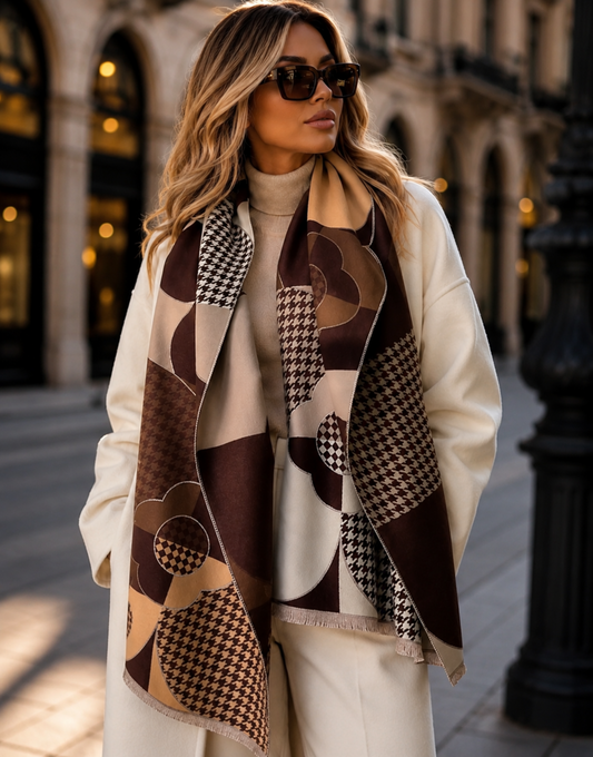 Woman wearing a patterned scarf and sunglasses on a city street.