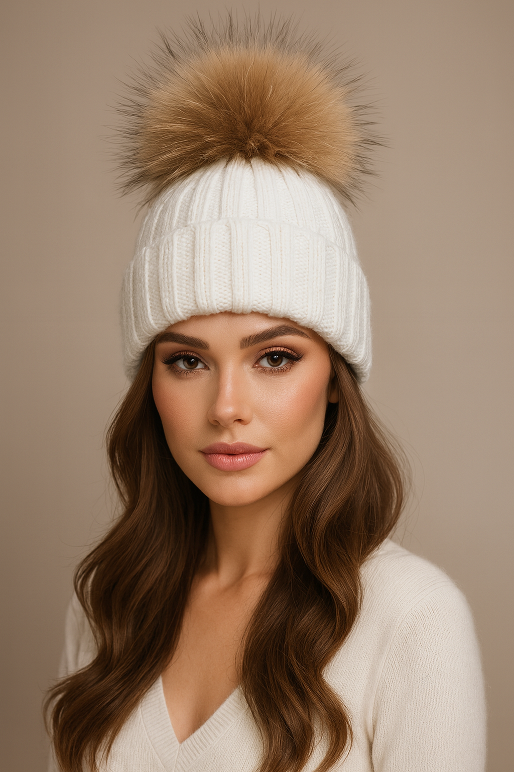 Fluffy Cable Knit Pom Pom Hat in White