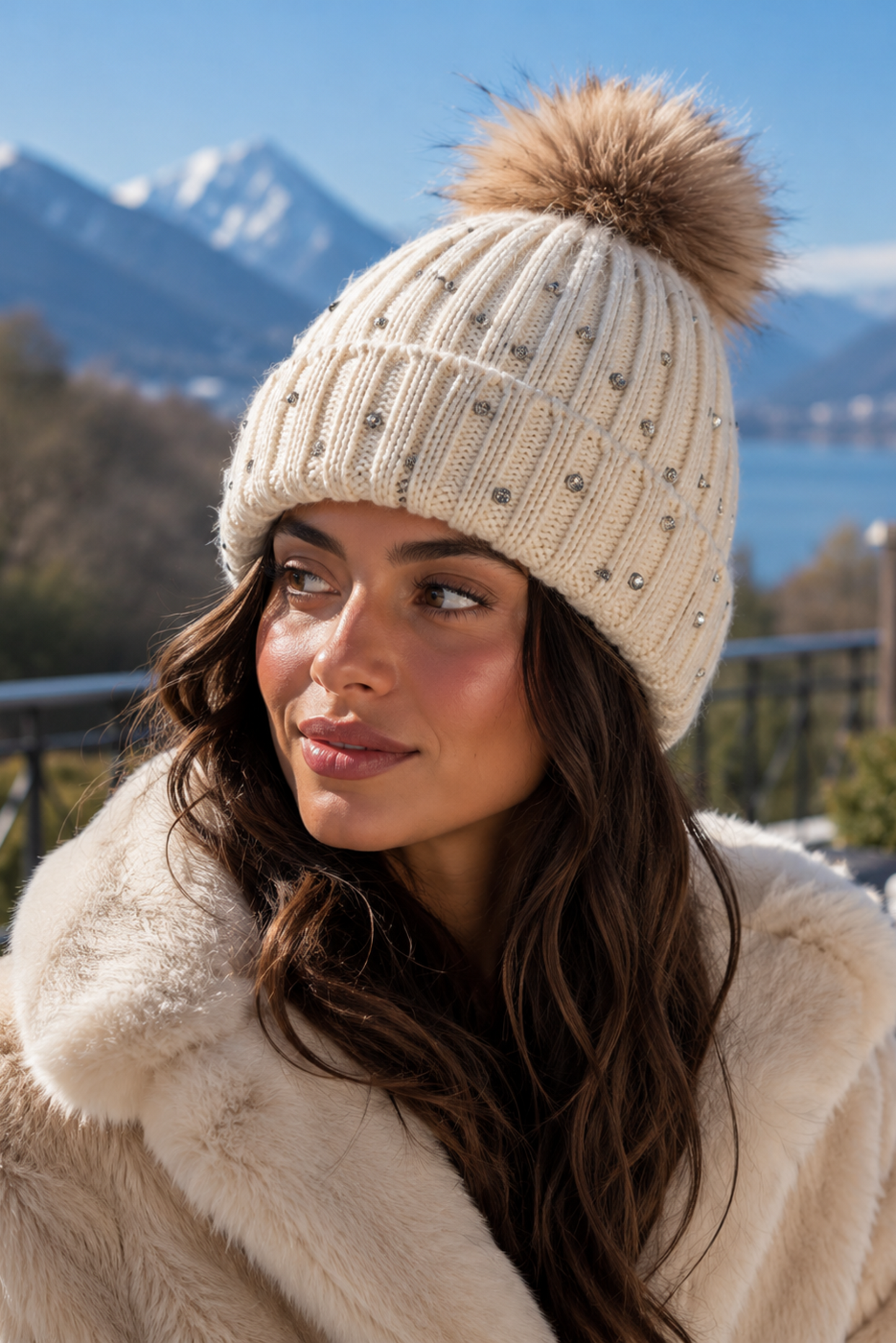 A woman wearing a cream ribbed knit beanie with a fluffy tan pom-pom and small silver studs, paired with a cream faux-fur coat, set against a scenic mountain and lake background.