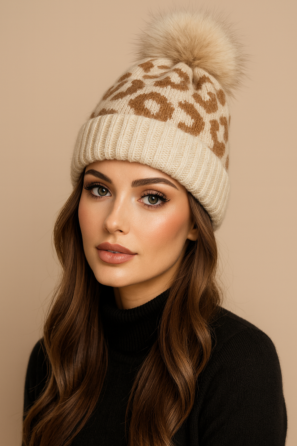 Leopard Knit Pom Pom Hat in Beige