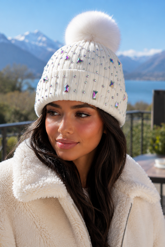 A woman wearing a cream ribbed knit beanie with a fluffy pom-pom and rhinestone embellishments, paired with a cream sherpa jacket, set against a scenic outdoor background of mountains and a lake.