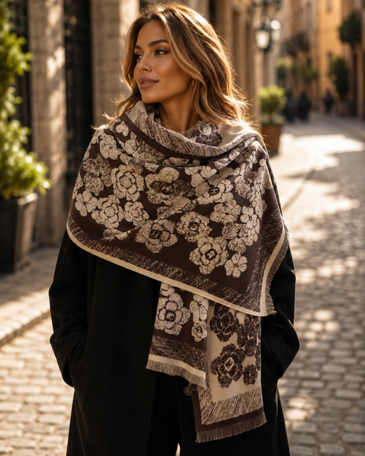 Woman wearing a floral patterned scarf on a street