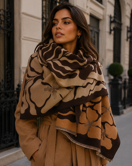 Woman wearing a patterned scarf and coat on a city street