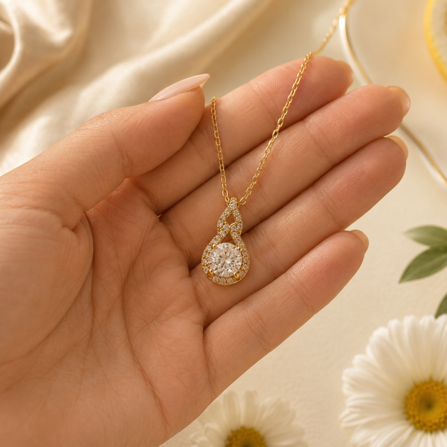 Gold necklace with a diamond pendant held in a hand against a soft background with flowers and a lemon.