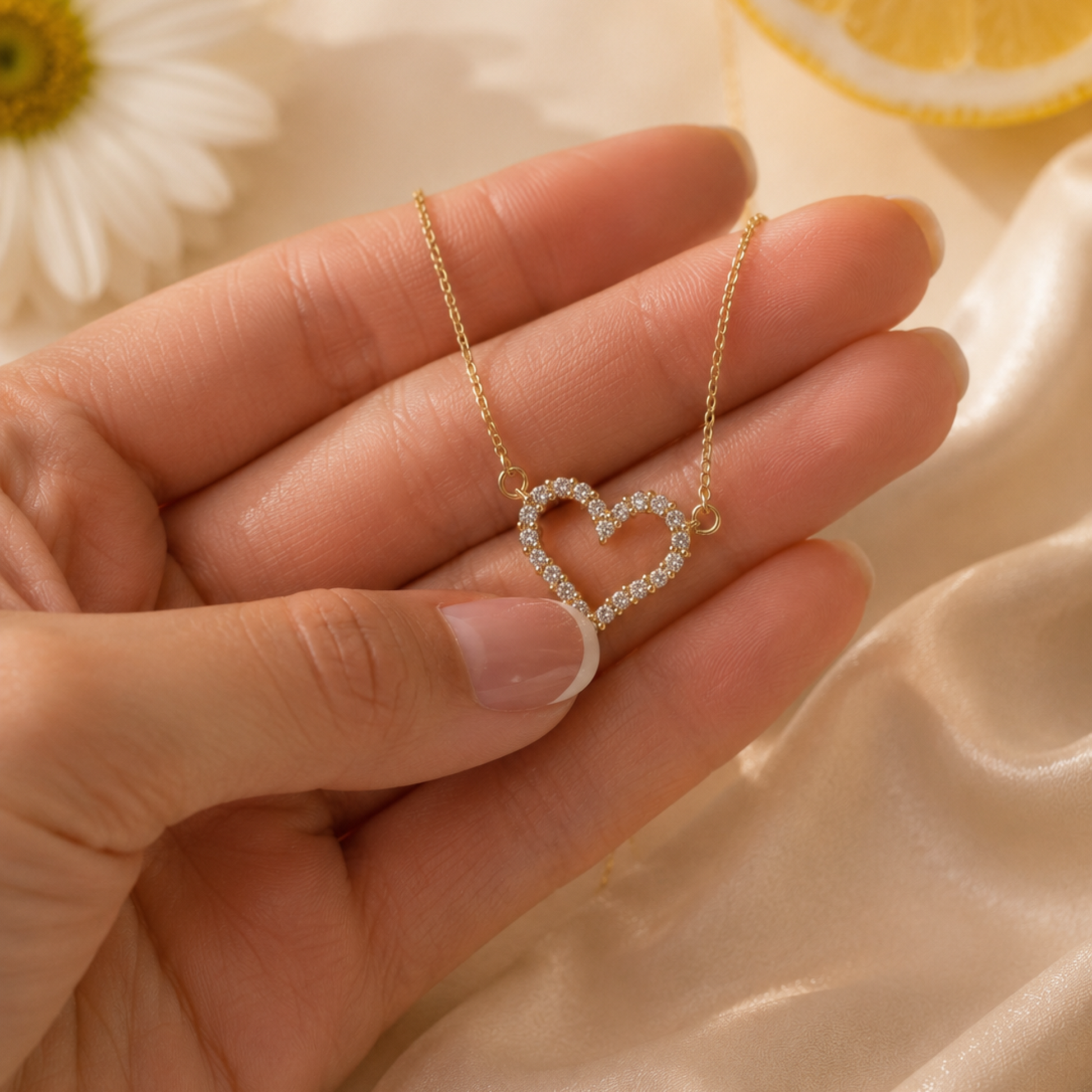 Hand holding a gold necklace with a heart pendant against a soft background with flowers and a lemon.