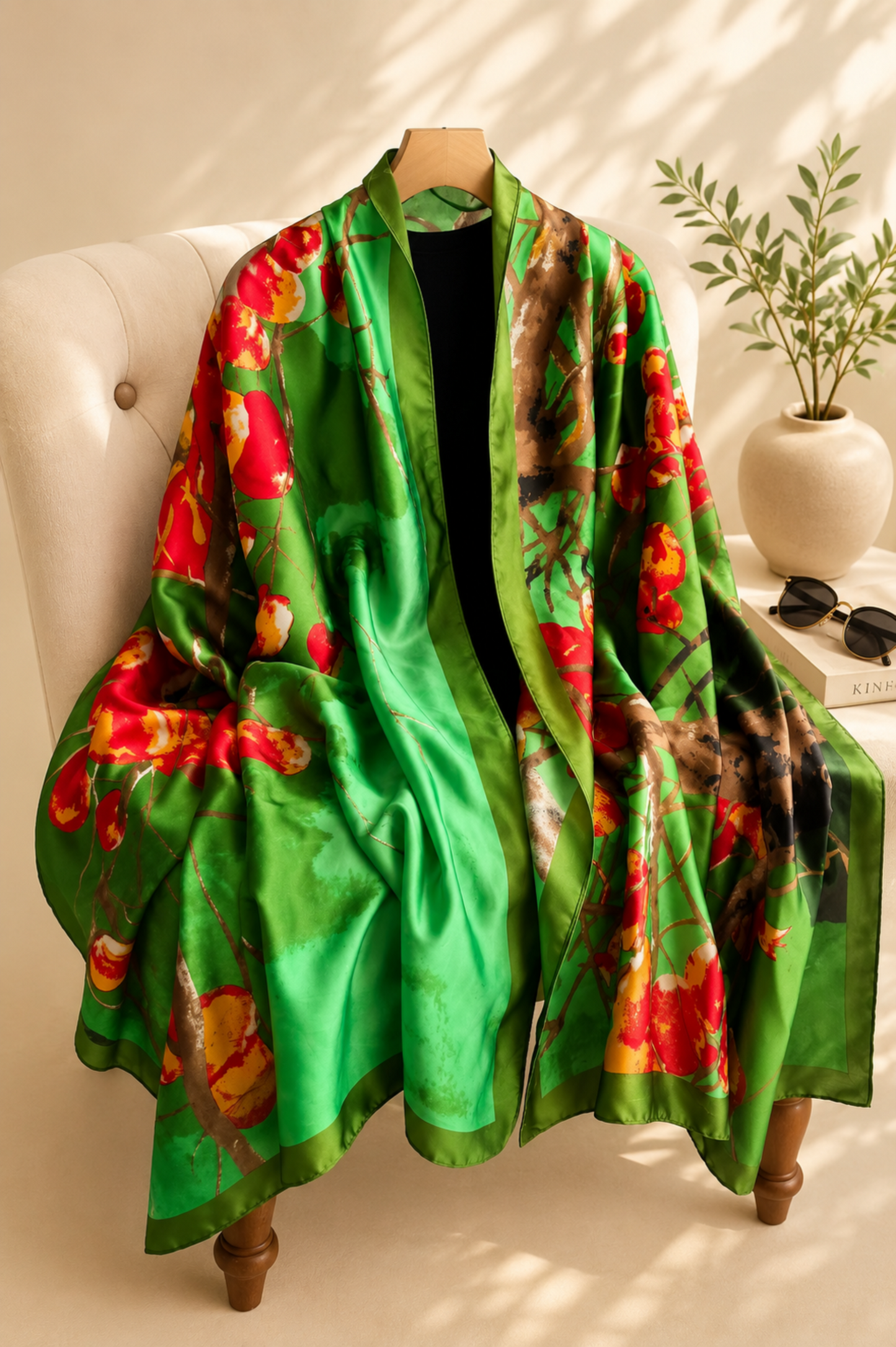 Green floral-patterned shawl draped over a chair with a neutral background