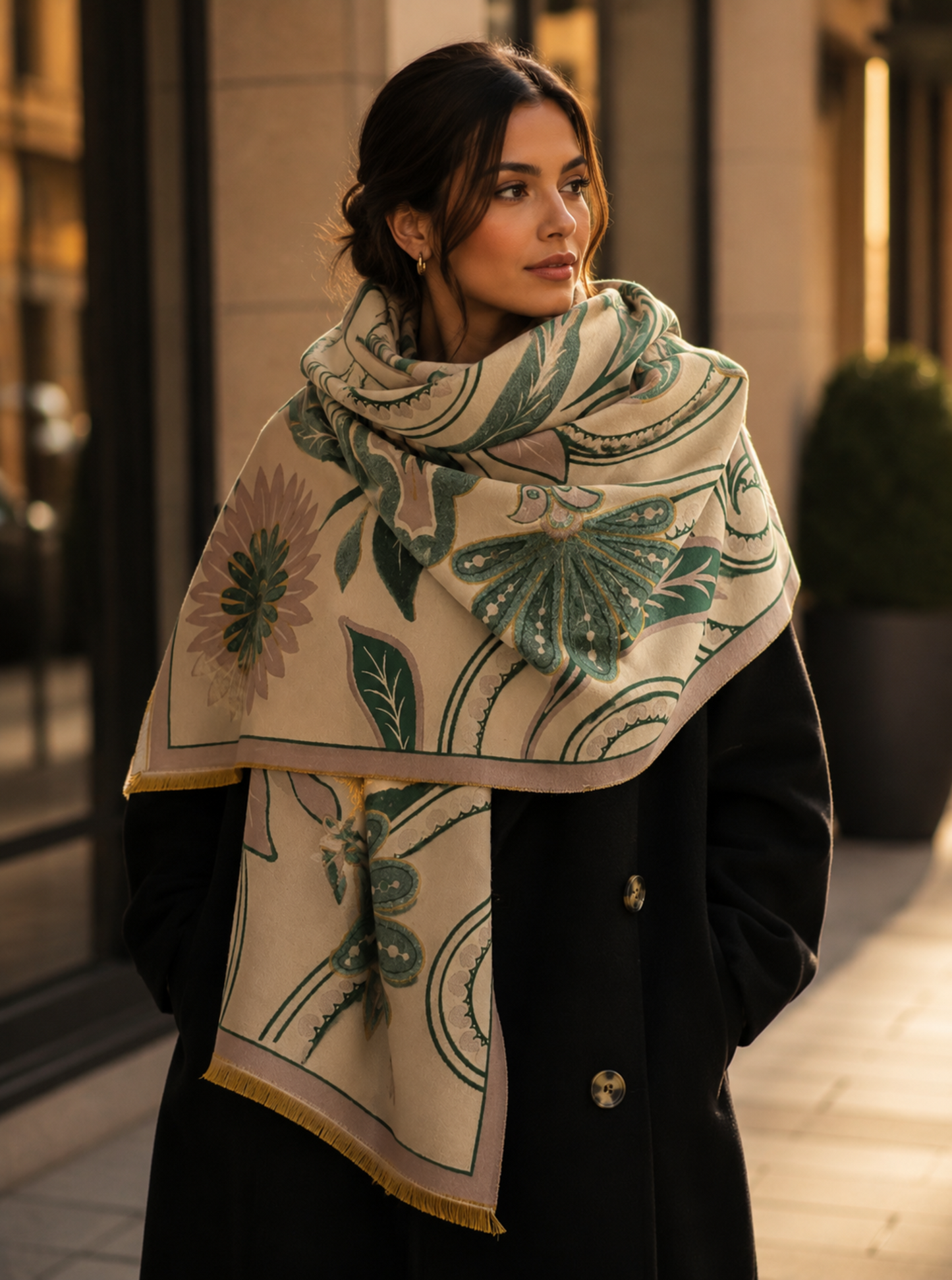 Woman wearing a floral patterned scarf in an urban setting