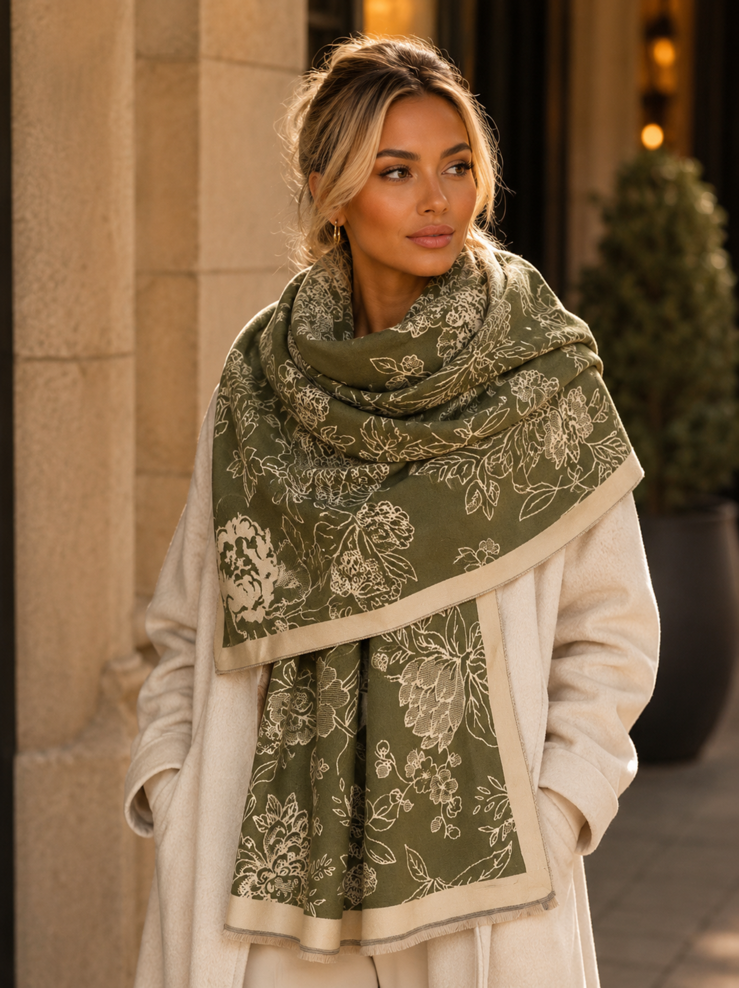 Woman wearing a green floral-patterned scarf outdoors